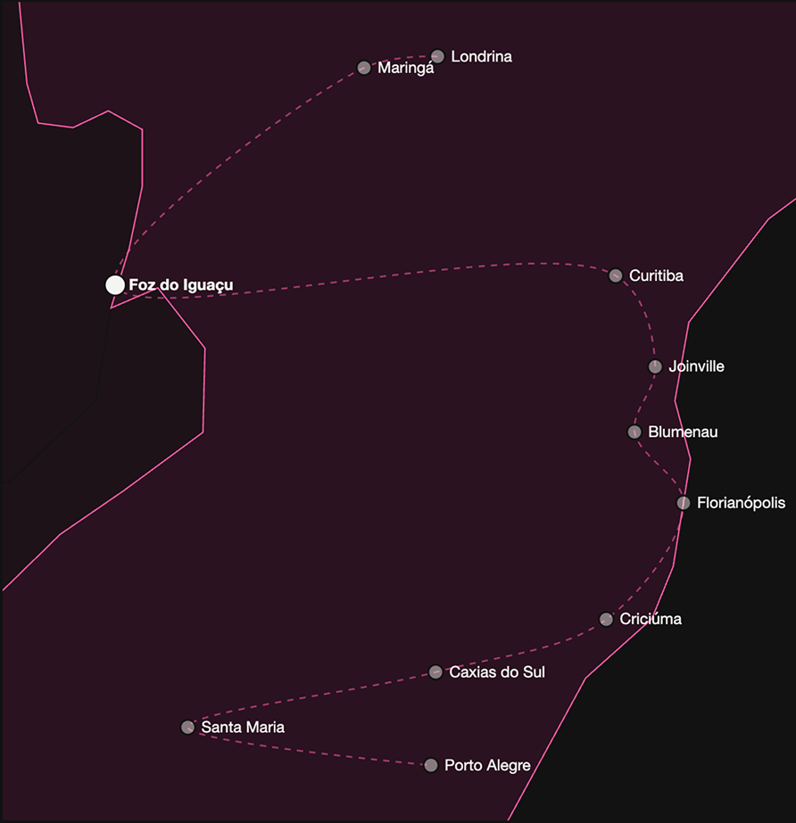 Mapa da rota do Simple Bus pelo Sul do Brasil